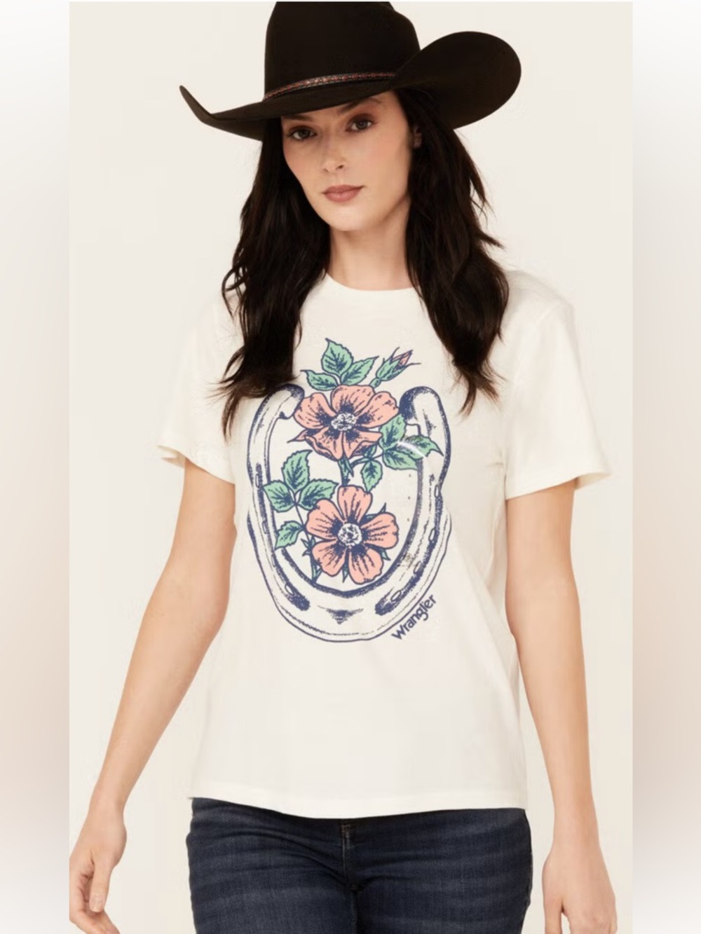 Wrangler Cream Tee with Horseshoe and Floral Graphic